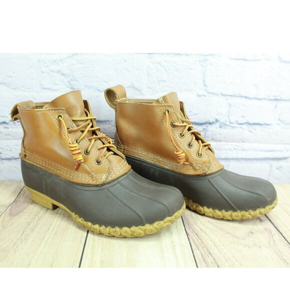 LL Bean Brown Leather Lace Up Round Toe Unlined Ankle Duck Boots Size 8 Wide - Picture 3 of 10